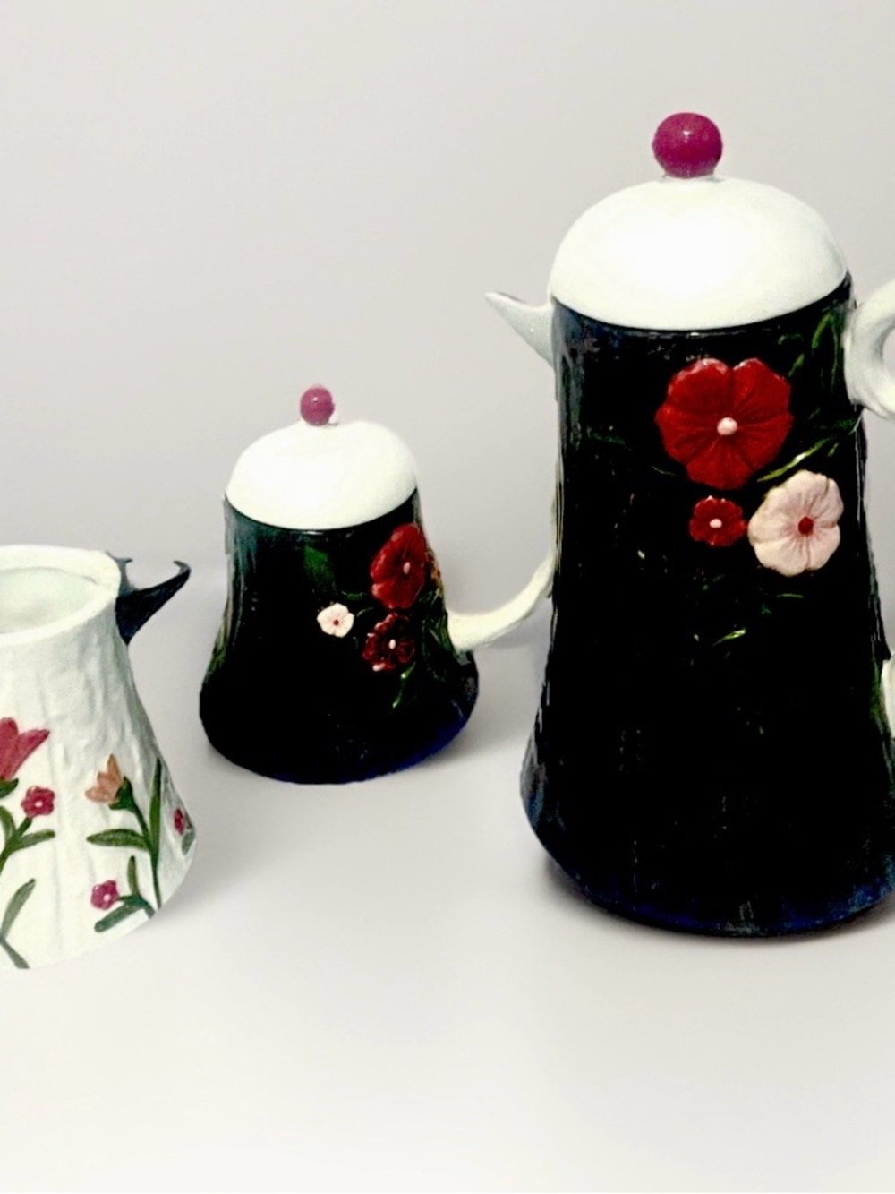 Black And White Vintage Tea Pot, Cream And Sugar Set With Red And Yellow Flowers